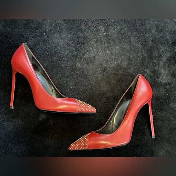 Saint Laurent Red Leather Studded Pointed Toe Pumps size 37 - Picture 3 of 7